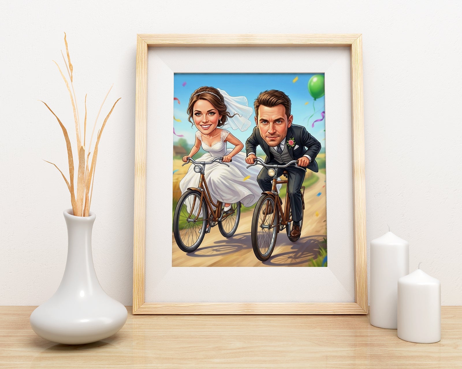 Karykatura ślubna na rowerach personalizowany prezent dla pary mockup 3