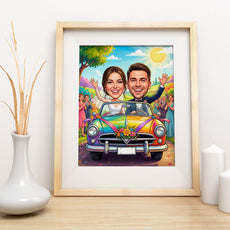 Kolorowa karykatura ślubna w samochodzie z personalizacją mockup 3