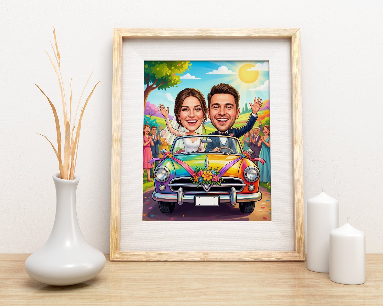 Kolorowa karykatura ślubna w samochodzie z personalizacją mockup 3