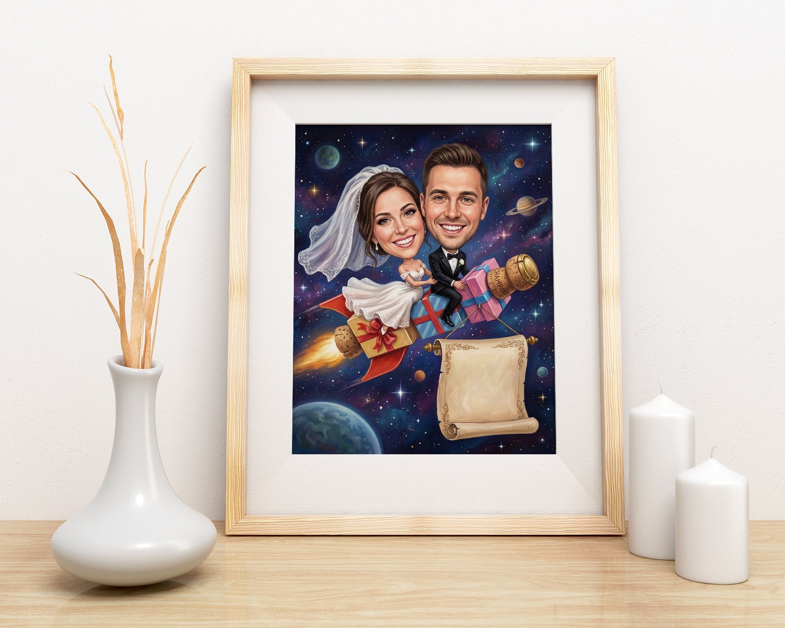 Karykatura ślubna w kosmosie personalizowany prezent na wesele mockup 3