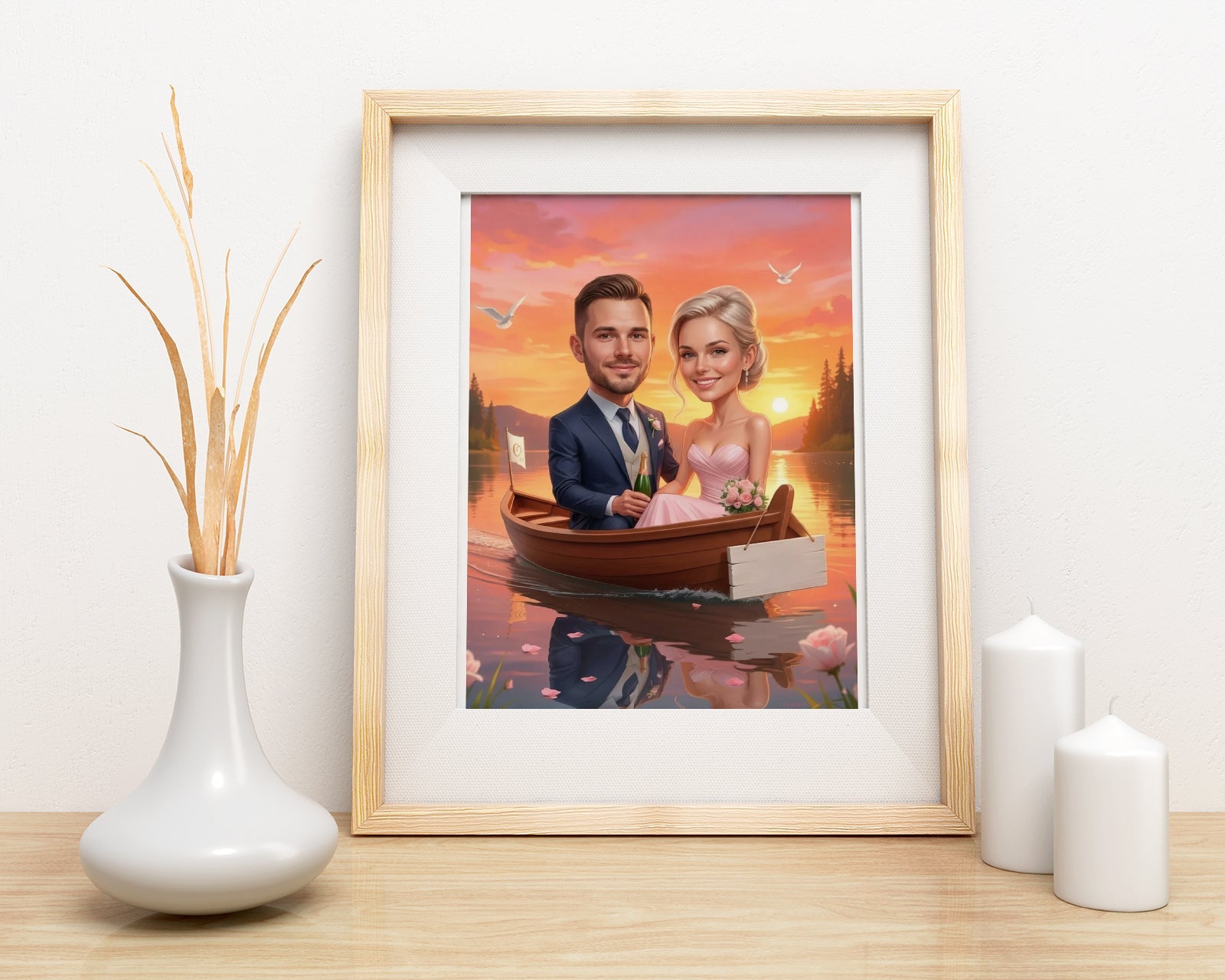 Romantyczna karykatura ślubna w łódce z personalizacją mockup 3