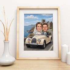 Romantyczna karykatura ślubna w klasycznym aucie z personalizacją mockup 3