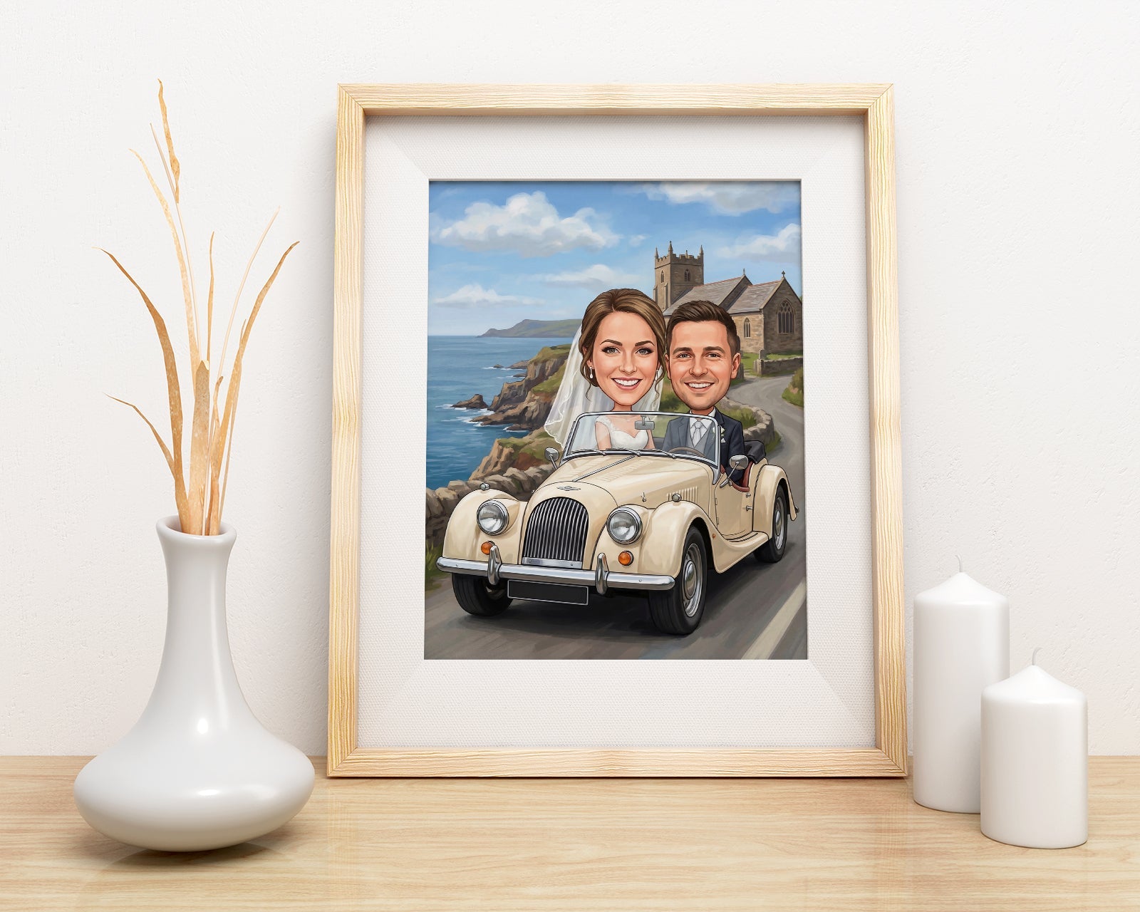 Romantyczna karykatura ślubna w klasycznym aucie z personalizacją mockup 3