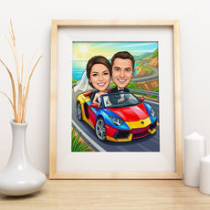 Kolorowa karykatura ślubna w samochodzie dla Pary Młodej mockup 3