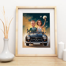 Karykatura ślubna w klasycznym samochodzie Personalizowany prezent mockup 2