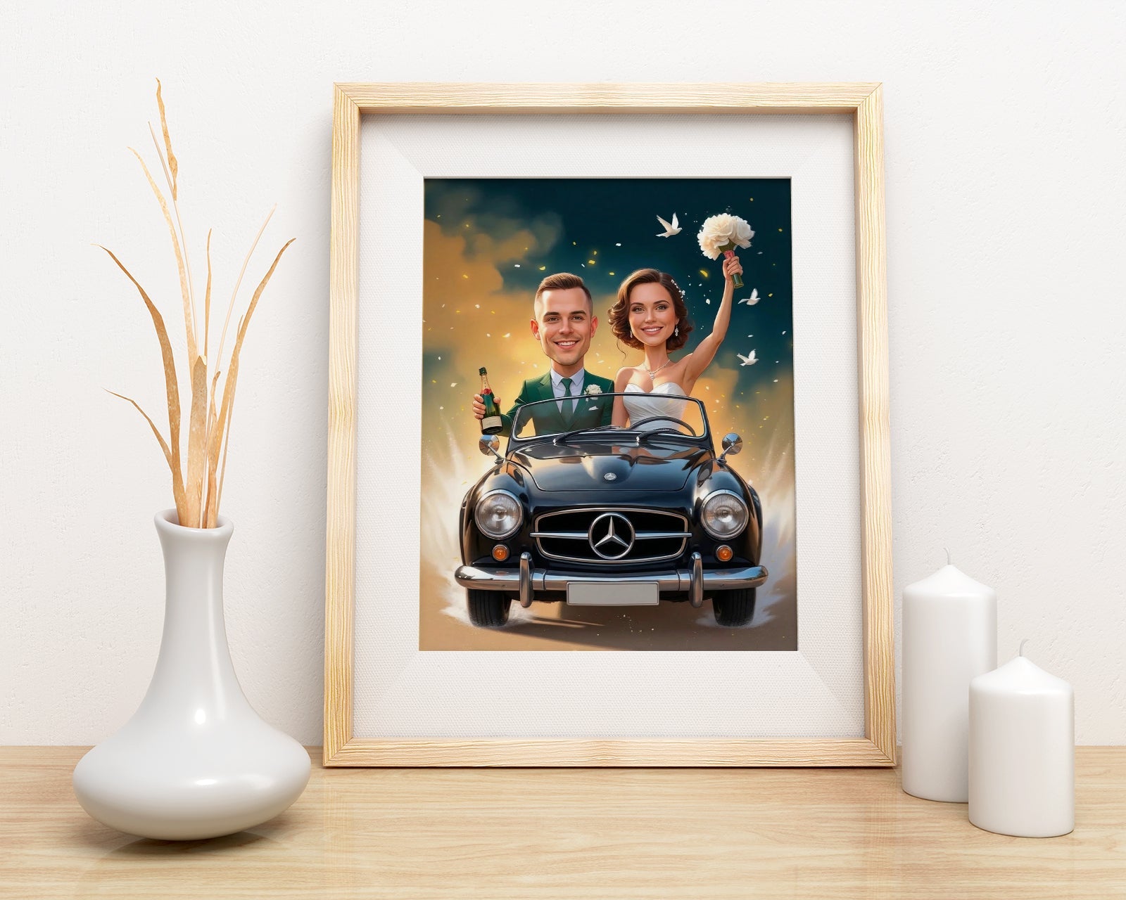 Karykatura ślubna w klasycznym samochodzie Personalizowany prezent mockup 2