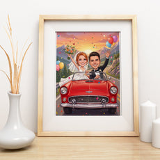 Romantyczna karykatura ślubna w samochodzie z personalizacją mockup 1