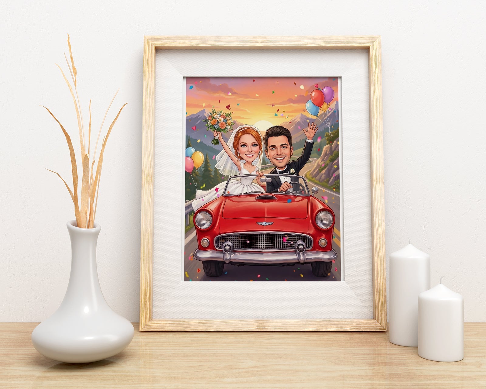 Romantyczna karykatura ślubna w samochodzie z personalizacją mockup 1