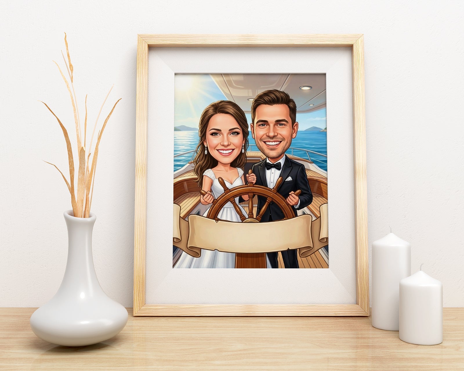 Karykatura ślubna na statku personalizowany prezent na wesele mockup 3