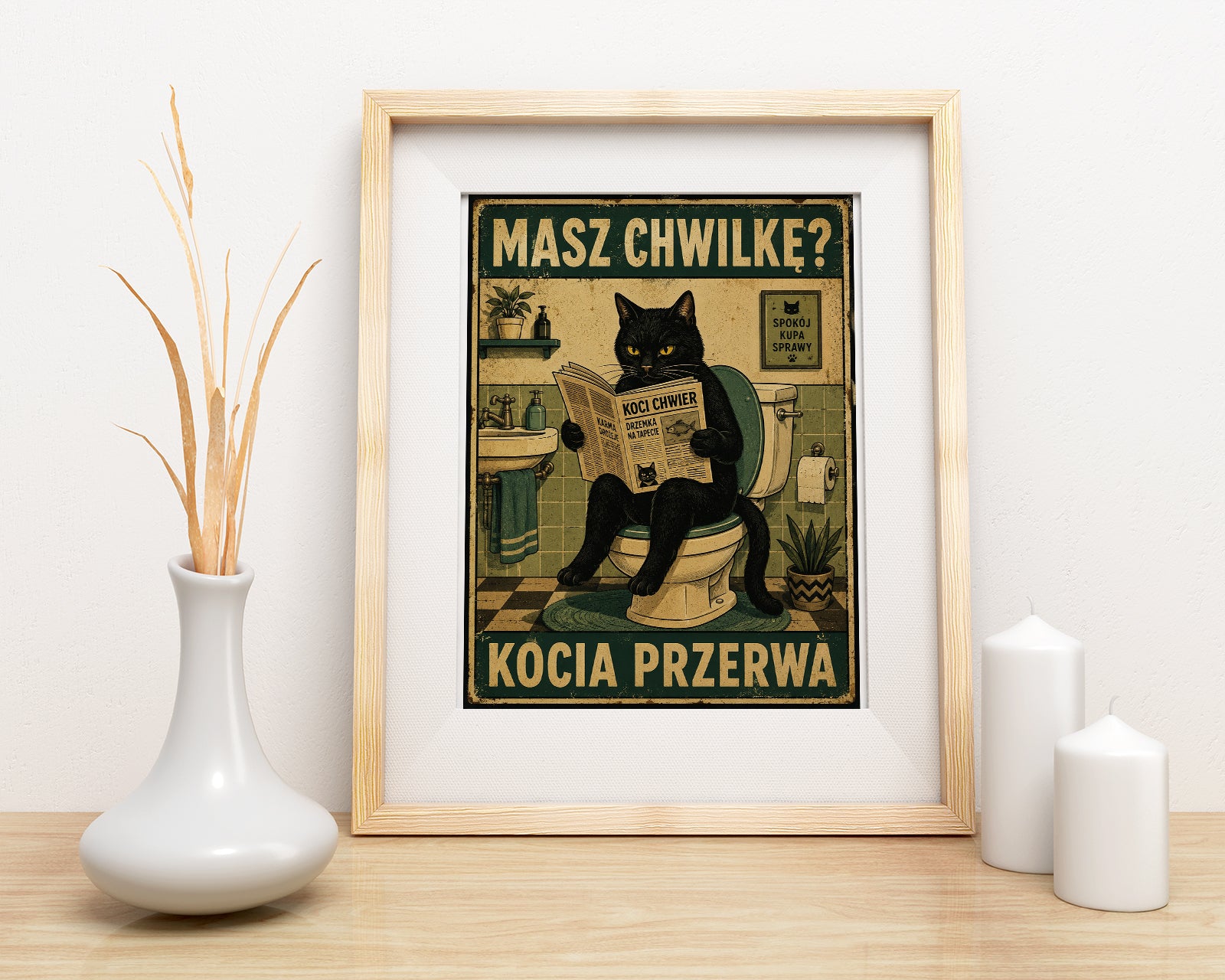 Masz Chwilkę? Kocia Przerwa – śmieszny obraz do łazienki z czarnym mockup 4
