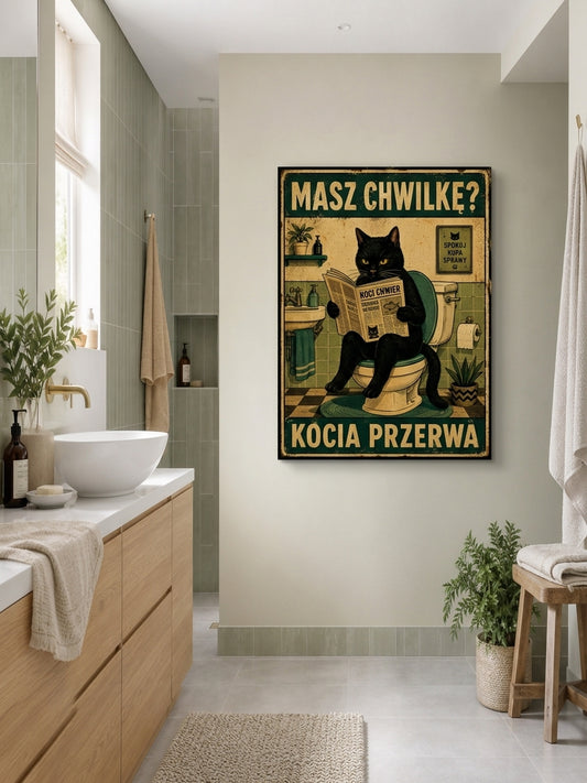 Masz Chwilkę? Kocia Przerwa – śmieszny obraz do łazienki z czarnym mockup 2