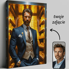 Personalizowany portret na płótnie z złotym tłem sejfu Milioner w złotym sejfie