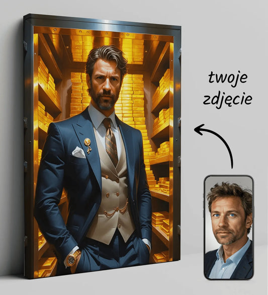 Personalizowany portret na płótnie z złotym tłem sejfu Milioner w złotym sejfie