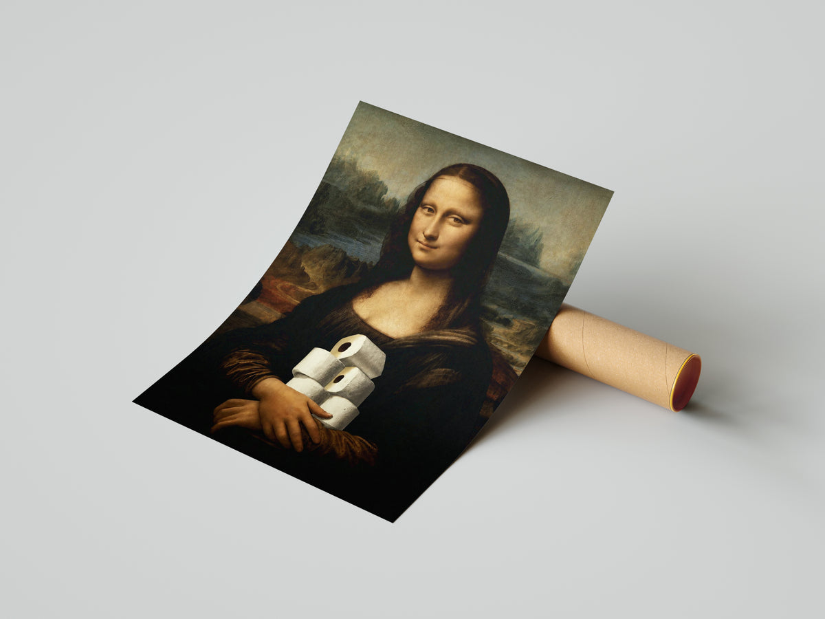 Mona Lisa z papierem toaletowym – śmieszny obraz do łazienki