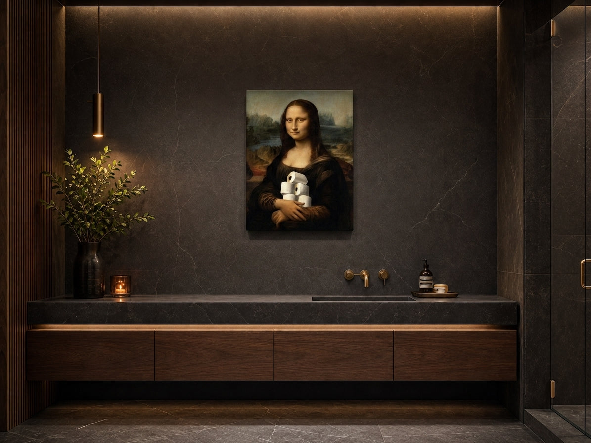Mona Lisa z papierem toaletowym – śmieszny obraz do łazienki mockup 3