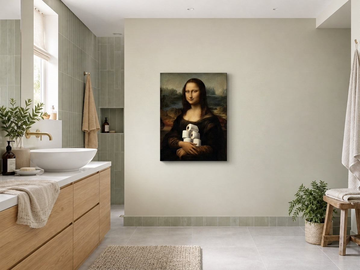 Mona Lisa z papierem toaletowym – śmieszny obraz do łazienki mockup 4