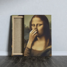 Mona Lisa na płótnie z uśmiechem i nose pinch, humorystyczna parodia do łazienki