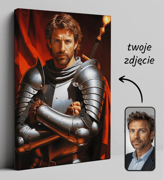 Personalizowany portret rycerza na płótnie Mroczny Rycerz w Stalowej Zbroi