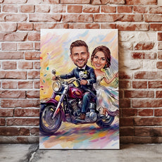 Karykatura ślubna na motocyklu personalizowany prezent na wesele glowne