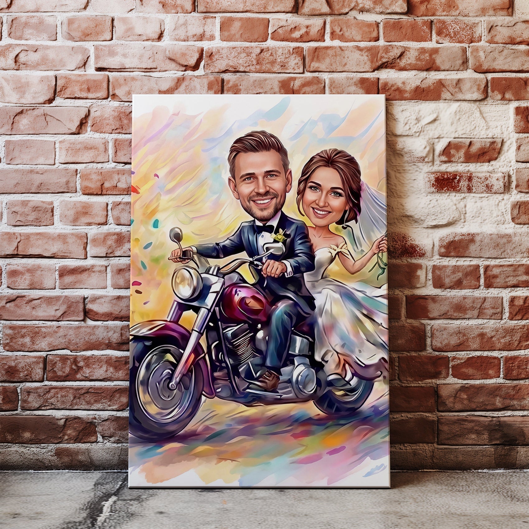 Karykatura ślubna na motocyklu personalizowany prezent na wesele glowne