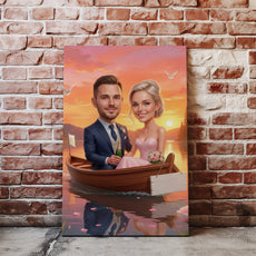 Romantyczna karykatura ślubna w łódce z personalizacją glowne