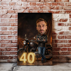 Karykatura motocyklisty ze zdjęcia
