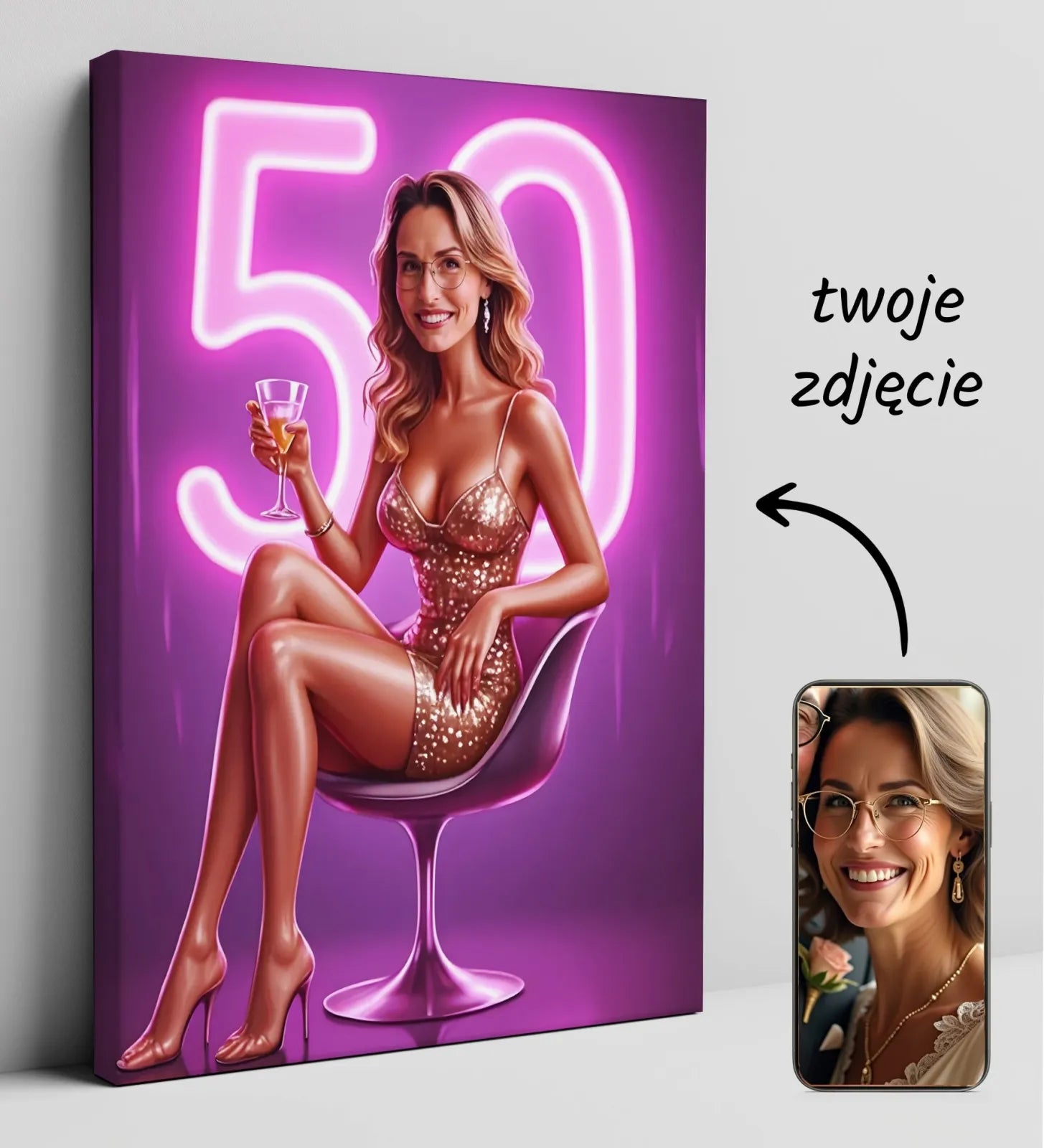 Personalizowany 50. urodzinowy obraz na płótnie z portretem Glamour Nowoczesna Diva w Blasku Neonów