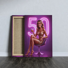 Canvas print of a woman celebrating 50th birthday in glamour style for Nowoczesna Diva w Blasku Neonów