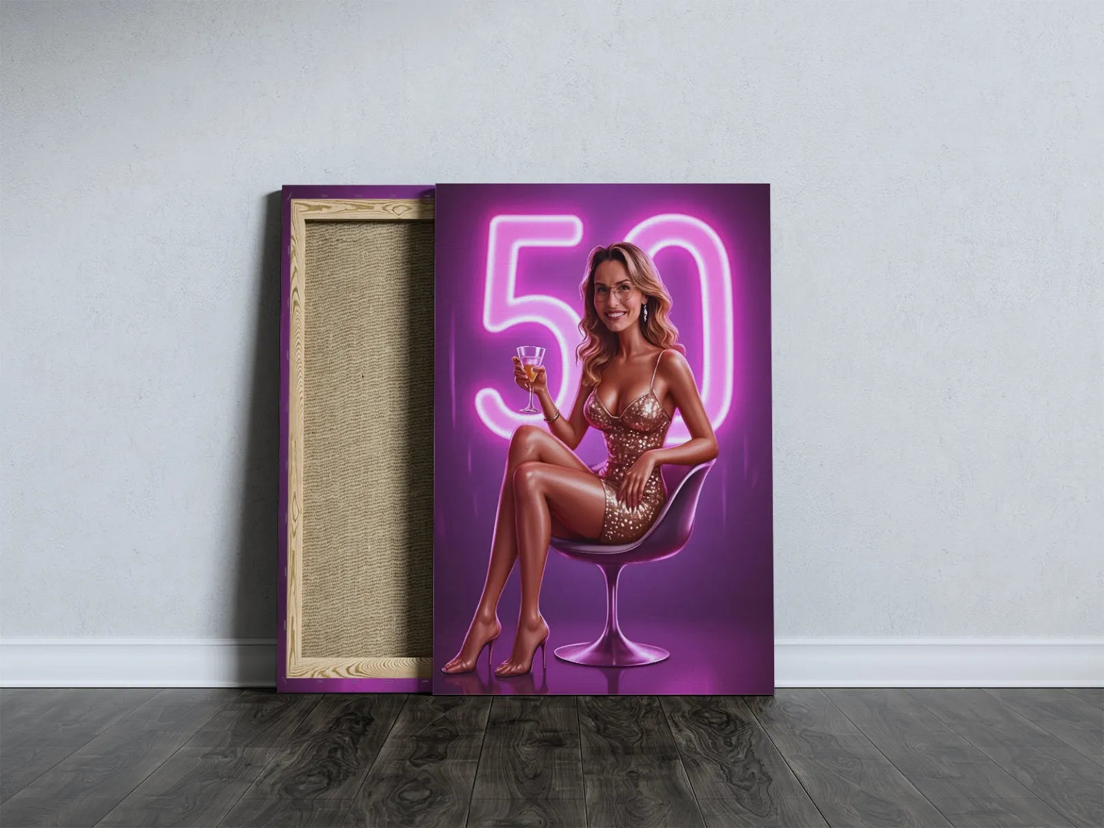 Canvas print of a woman celebrating 50th birthday in glamour style for Nowoczesna Diva w Blasku Neonów