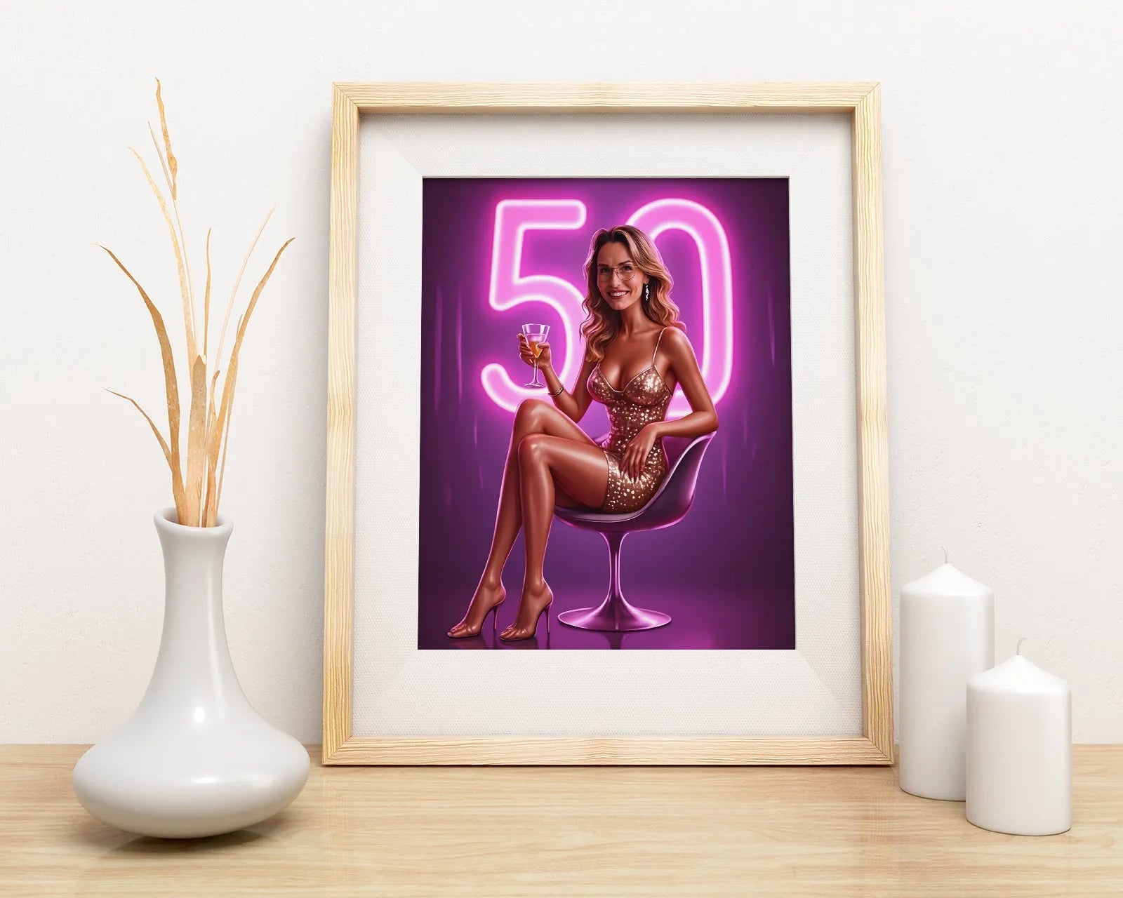 Otwarte eleganckie portret z okazji 50 urodzin, nowoczesna diva w neonowym świetle