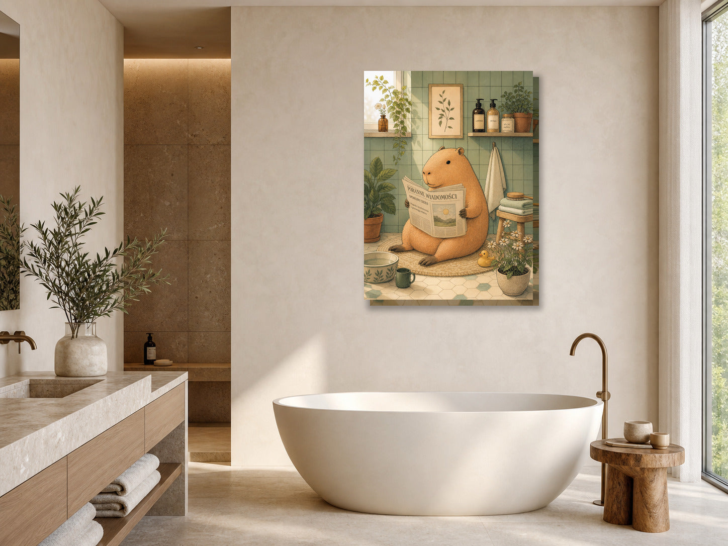 Obraz do łazienki Kapibara z gazetą mockup 1