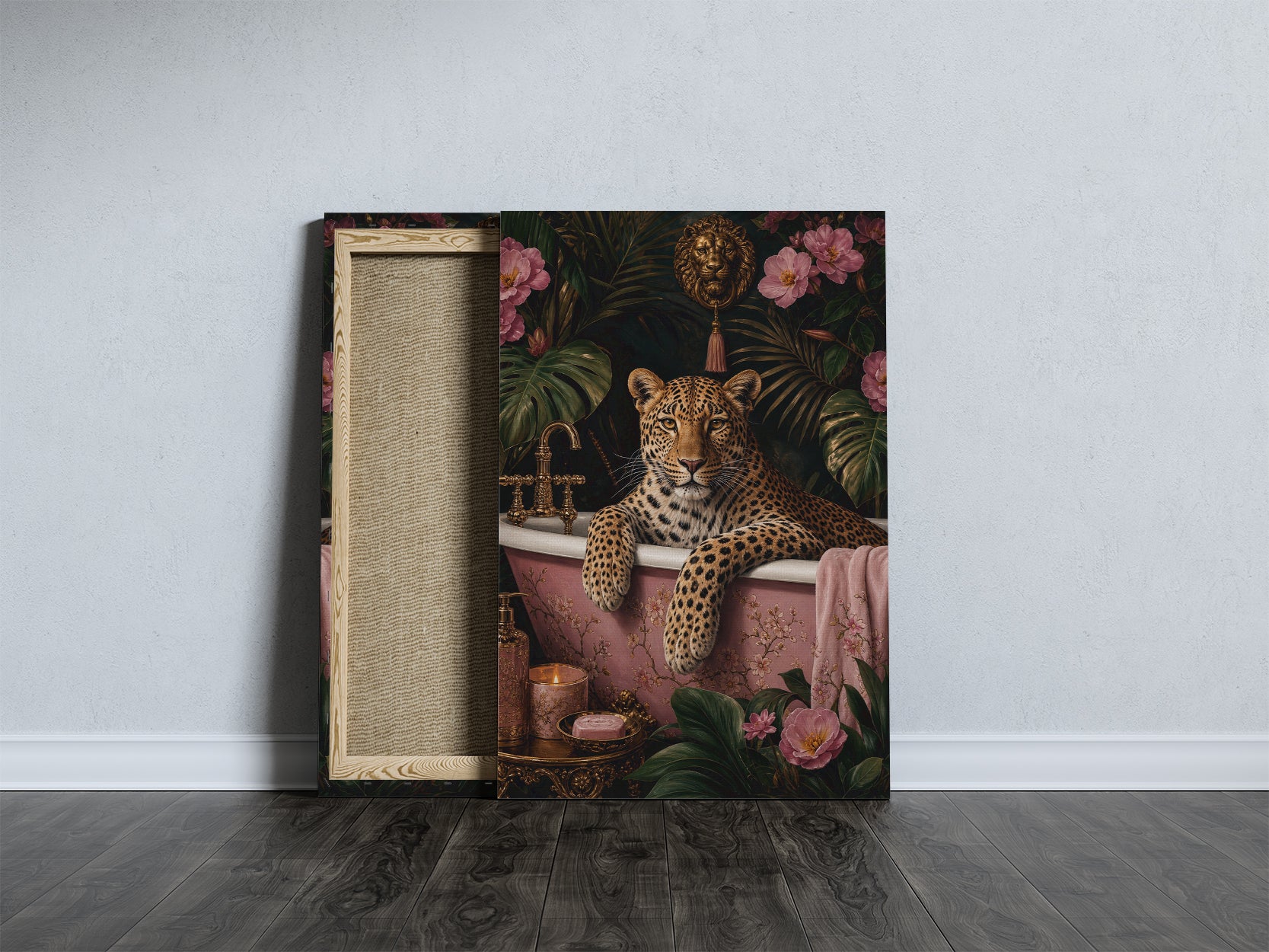 Obraz do łazienki lampart w różowej wannie mockup 6