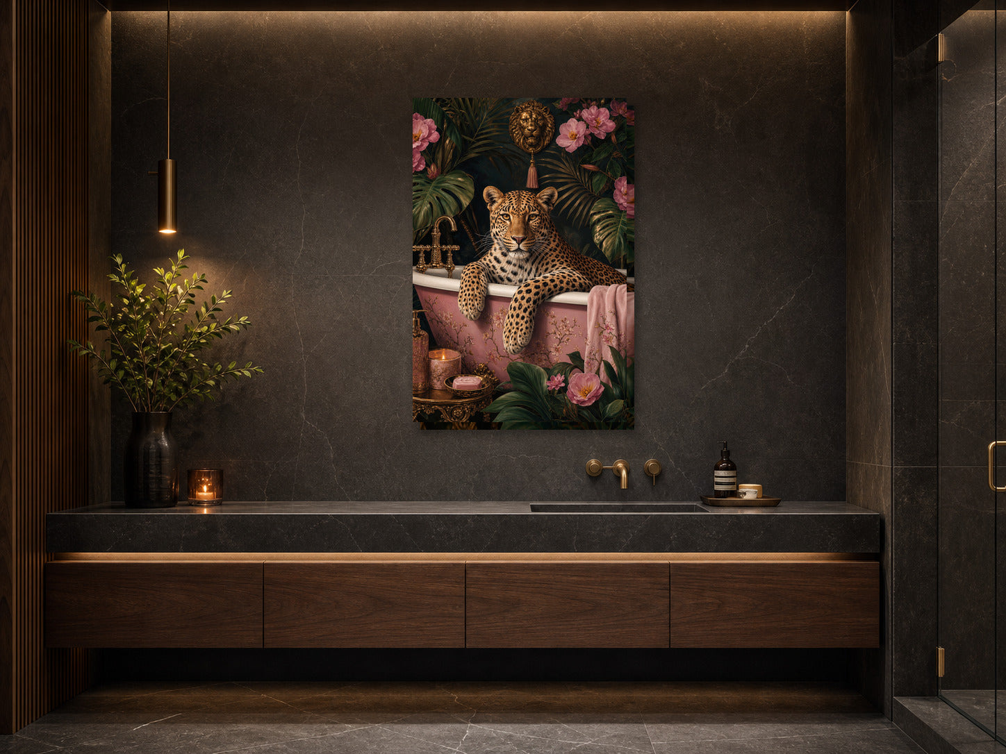 Obraz do łazienki lampart w różowej wannie mockup 2