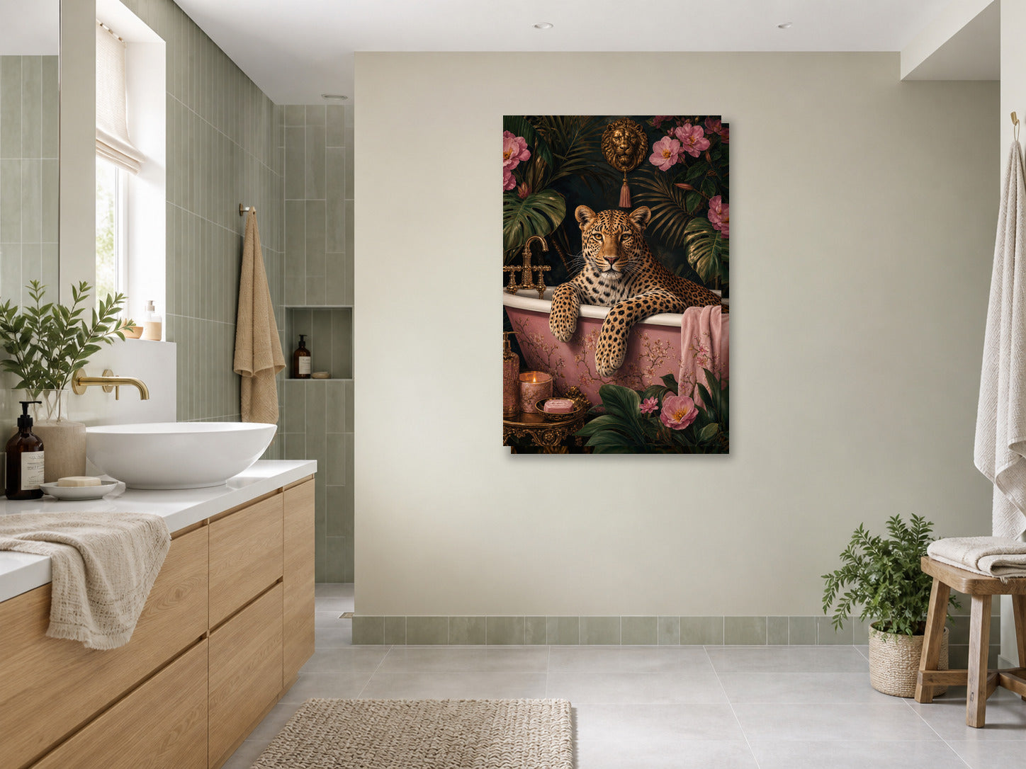 Obraz do łazienki lampart w różowej wannie mockup 3