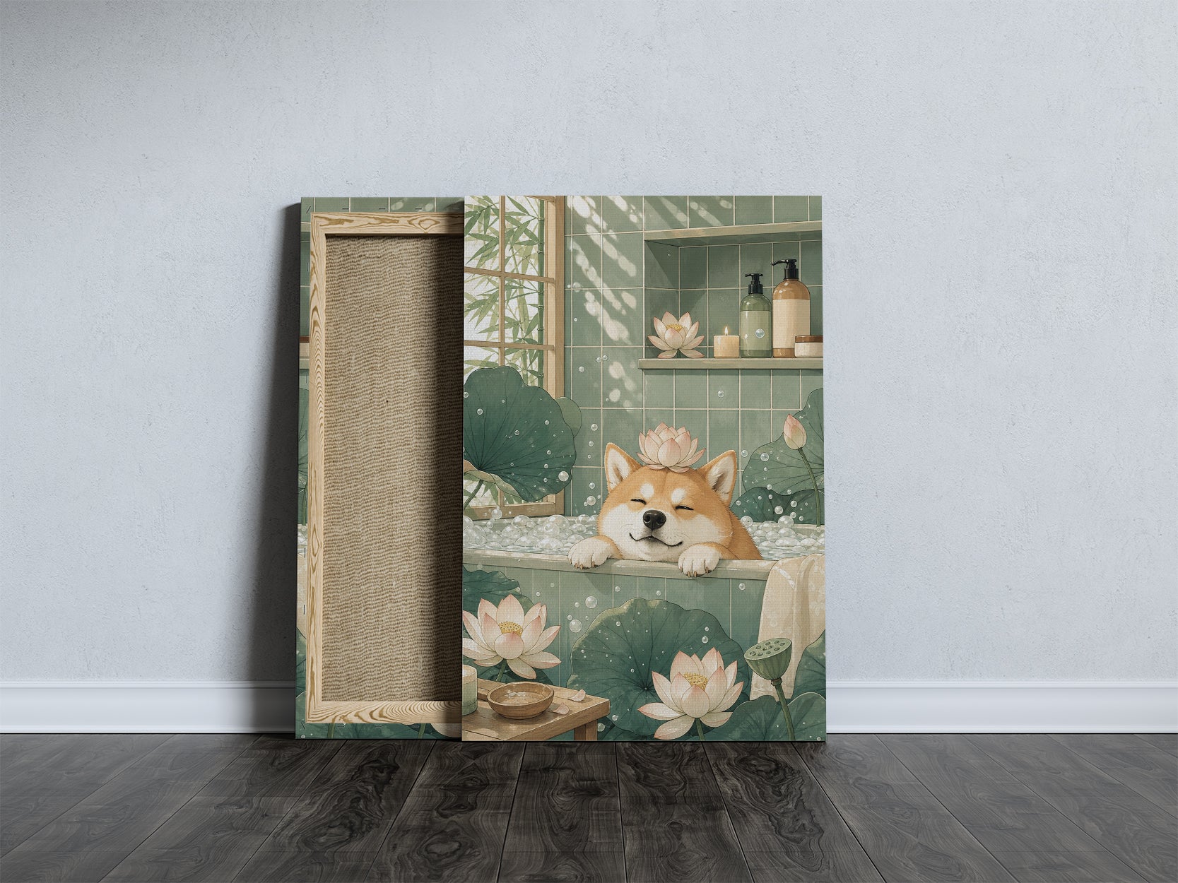 Obraz do łazienki Shiba Inu w wannie spa mockup 7