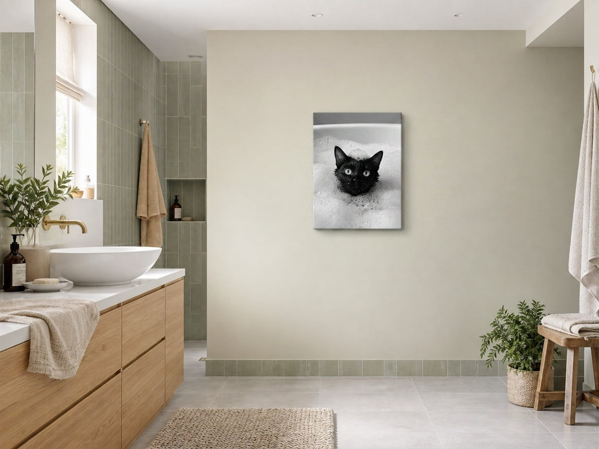 Obraz do łazienki Czarny Kot w Pianie mockup 2