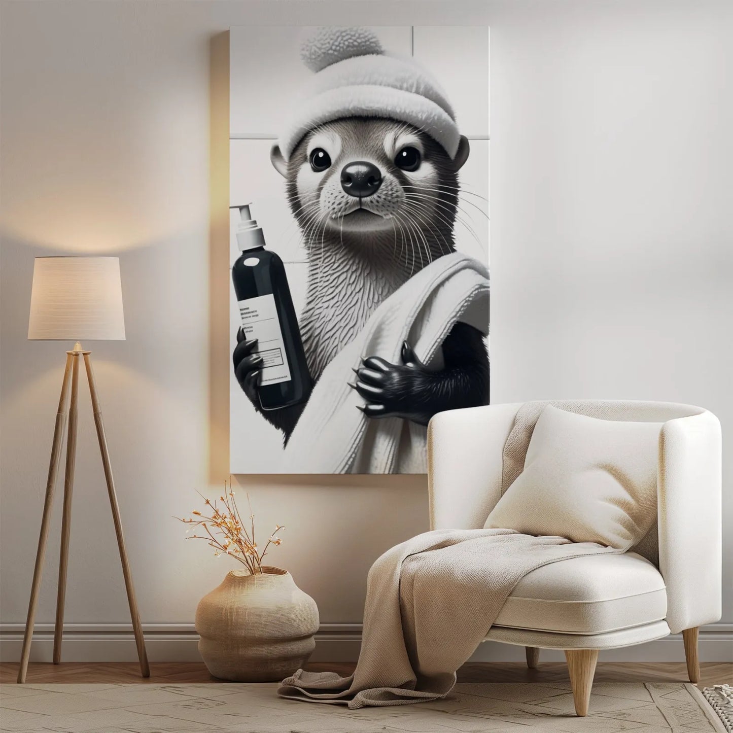 Otter art print na obraz do łazienki z wydrą w czapce, nowoczesny dekoracyjny motyw