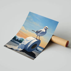 Seagull perched on toilet paper roll with beach scene print in Obraz Morski z Ptakiem i Papierem Toaletowym