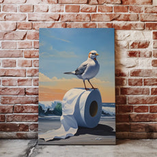 Morski obraz z ptakiem i papierem toaletowym, seagull na rolce papieru