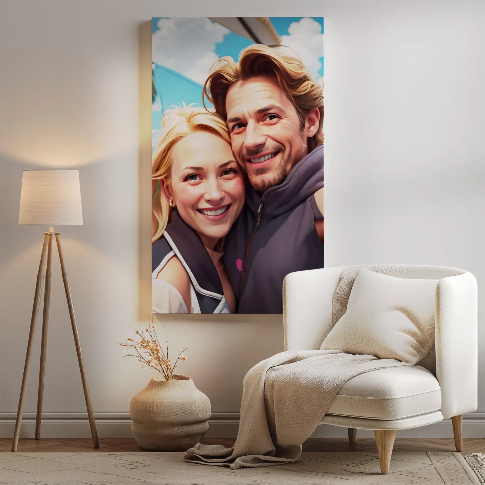 Framed portrait of a smiling couple in 3D summer realism style artwork
