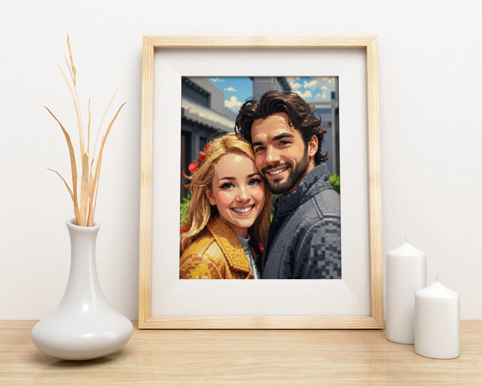 Framed couple portrait in Pixel Mosaic Photo Art style