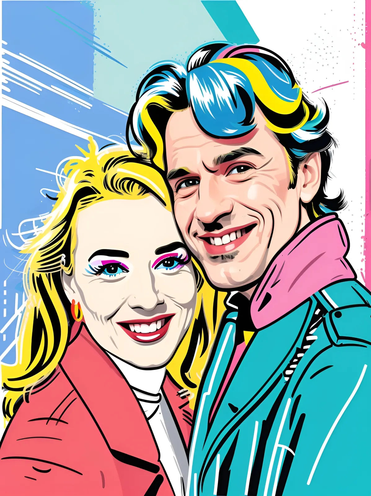 Vibrant pop-art stylized portrait of a cartoon couple for personalized gift