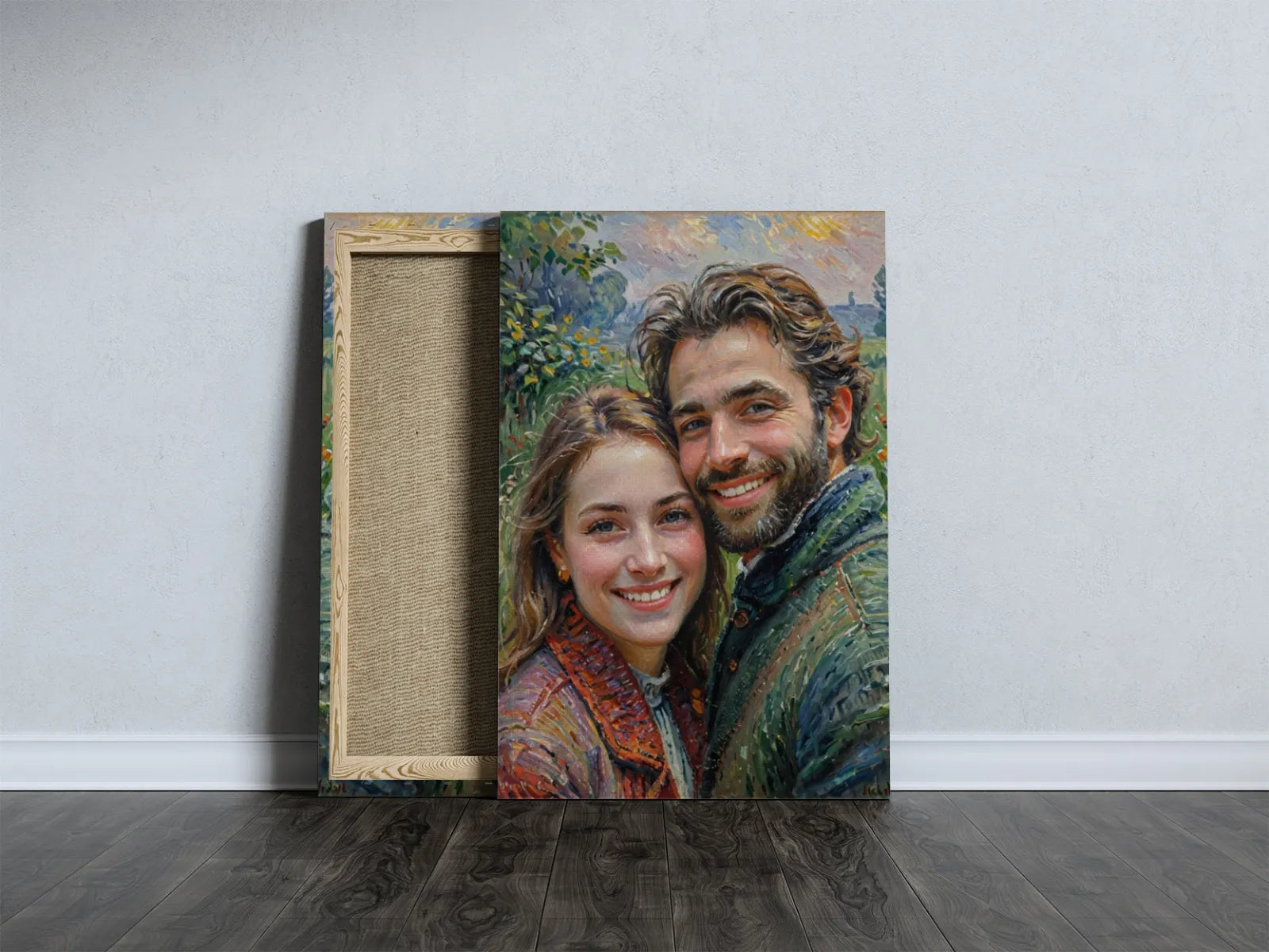Canvas print przedstawiający uśmiechniętą parę w stylu realistycznego impresjonizmu