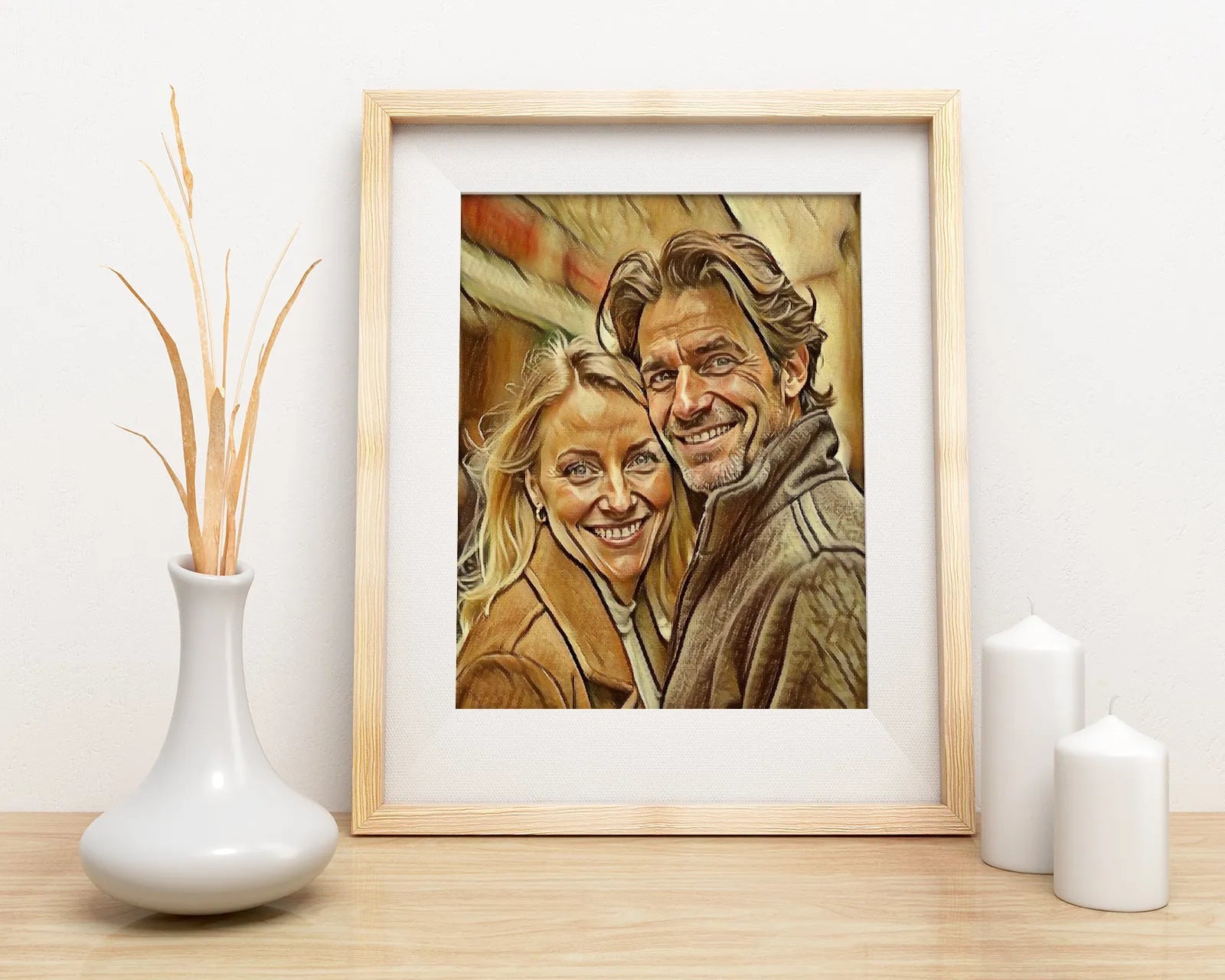 Framed portrait of a couple in sepia pencil style artwork