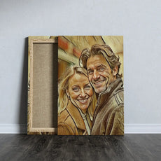 Canvas print przedstawiający uśmiechniętą parę w stylu sepii malowanej ołówkiem
