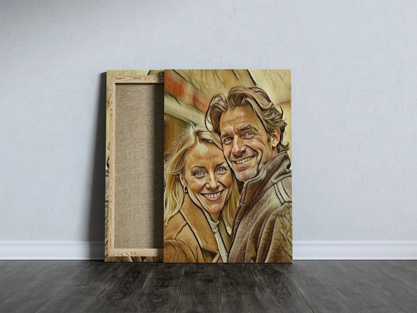Canvas print przedstawiający uśmiechniętą parę w stylu sepii malowanej ołówkiem