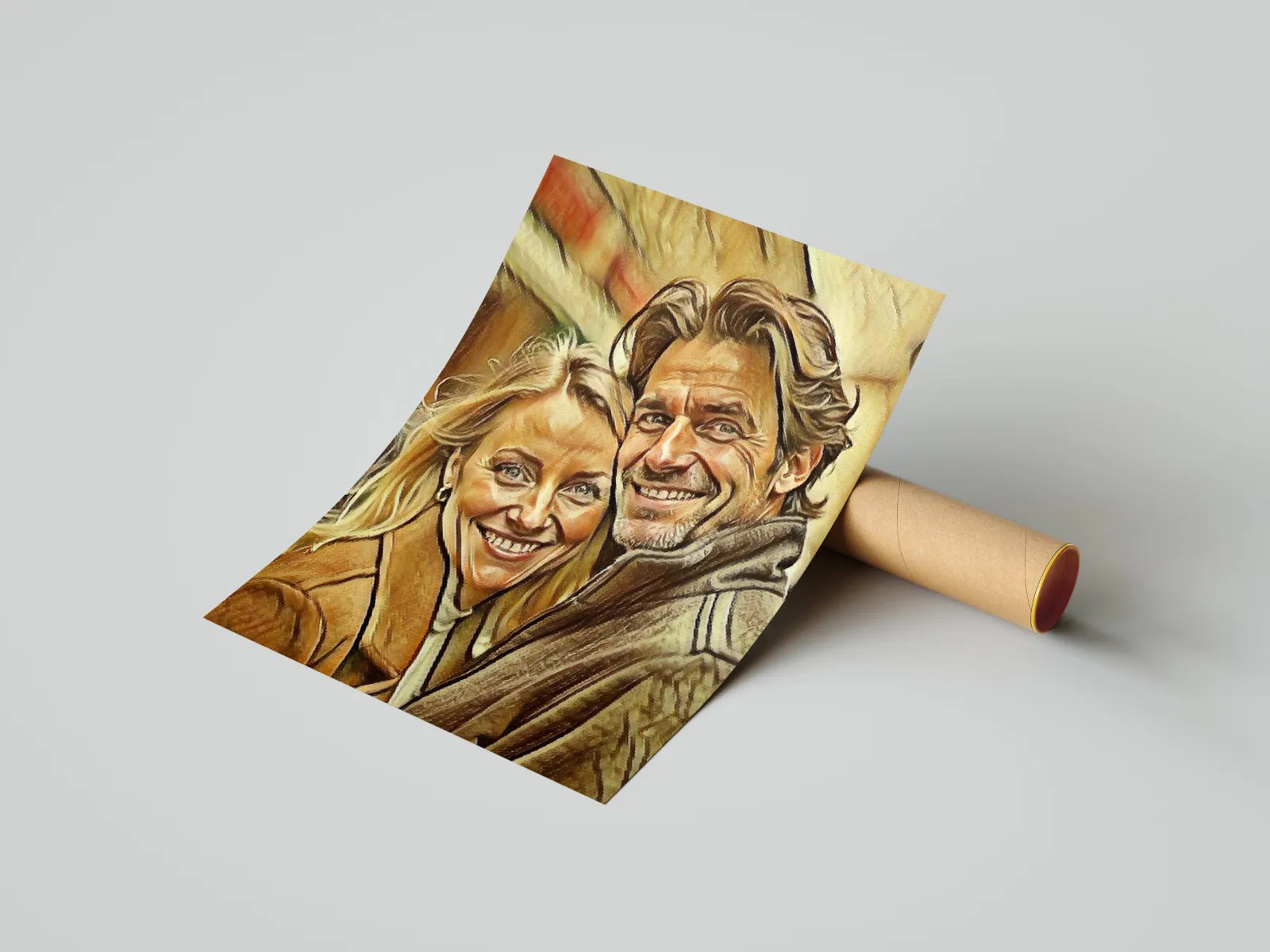 Framed portrait of a smiling couple in sepia pencil style artwork