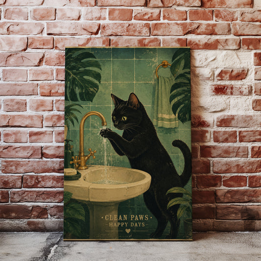 Obrazy do łazienki – Czarny kot przy umywalce mockup 5