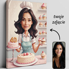 Personalizowany obraz na płótnie przedstawiający pastelową karykaturę kobiety jako cukierniczki