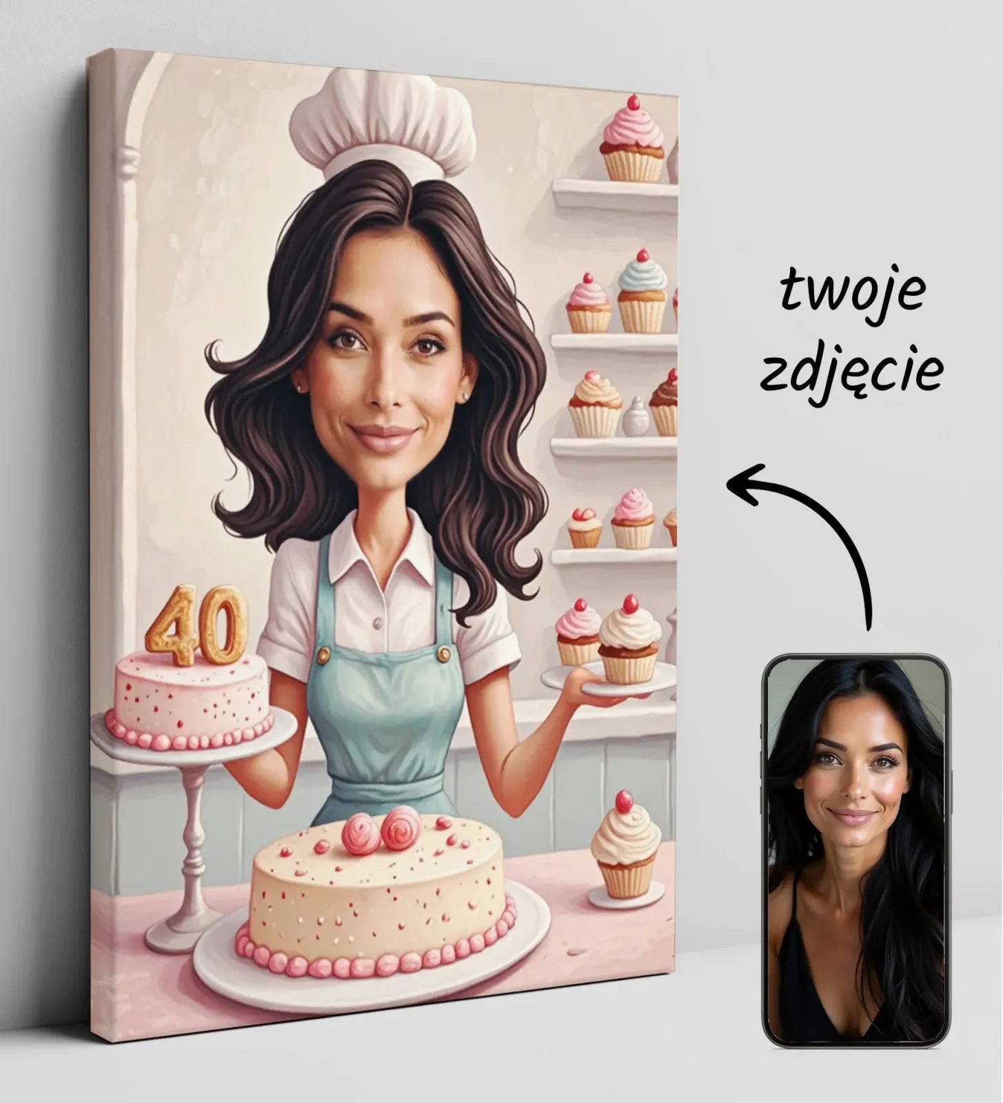 Personalizowany obraz na płótnie przedstawiający pastelową karykaturę kobiety jako cukierniczki